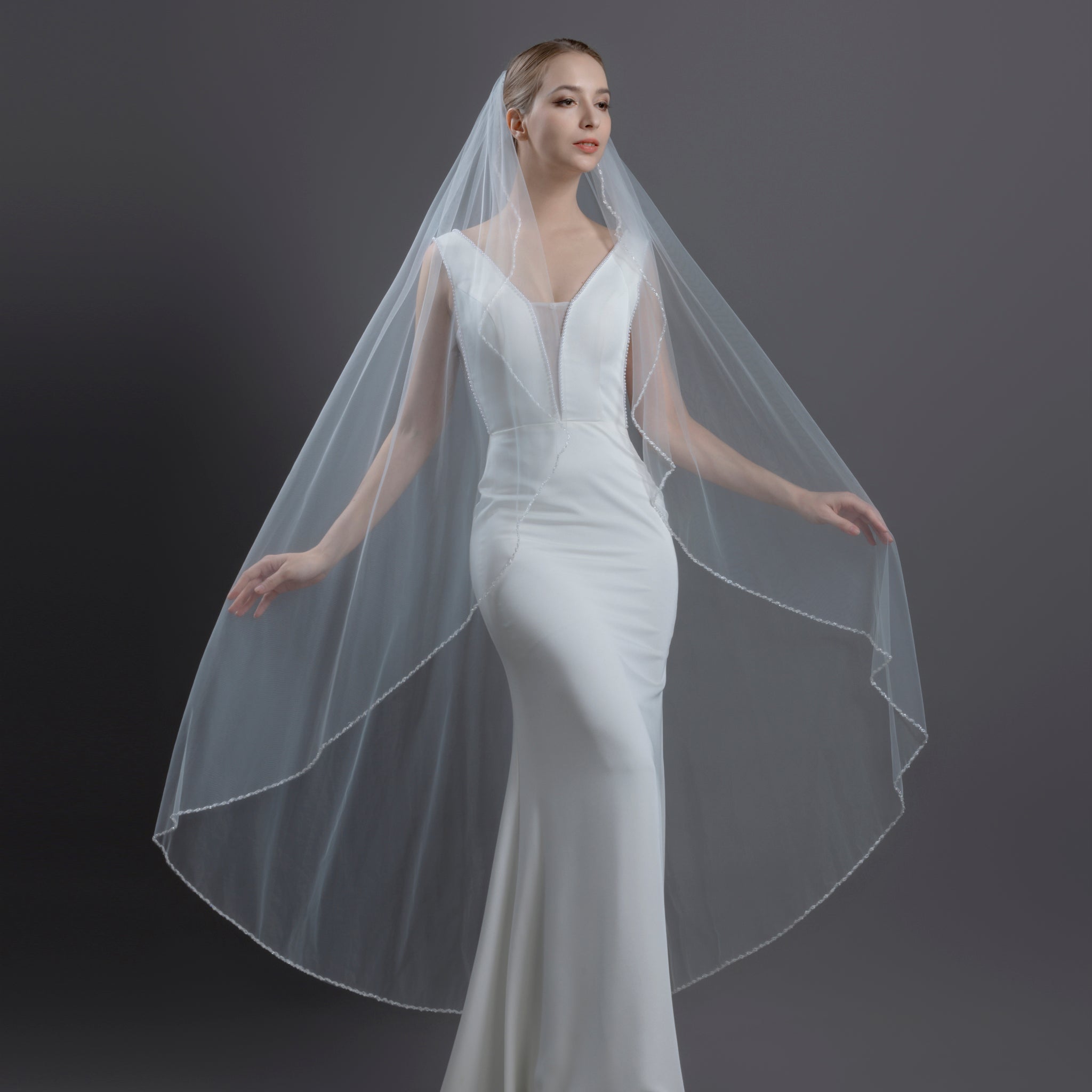 Veil(1～6) Wholesale Angel Cut Knee Waltz Wedding Veil | Beaded Bicone