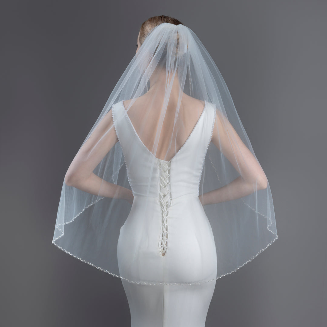 Crystal Beaded Bridal Veil with Faux Pearls, Fine Illusion Tulle, Elbow, Fingertip Length FS6331