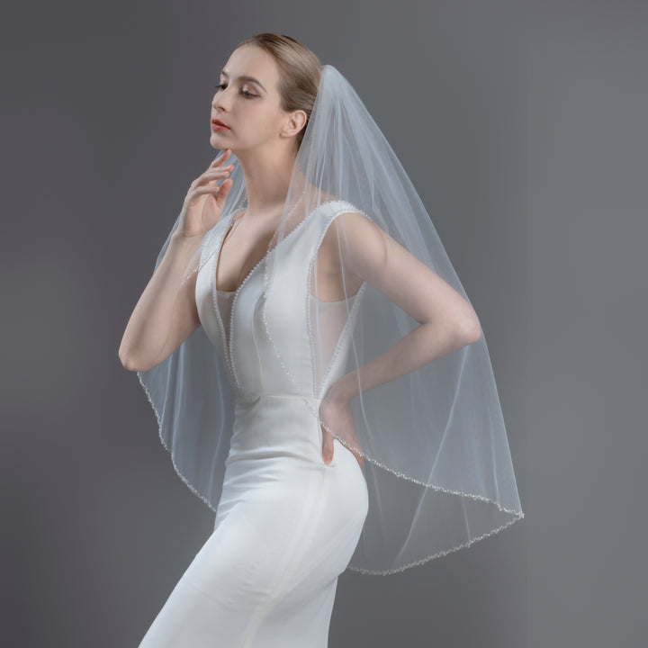 Crystal Beaded Bridal Veil with Faux Pearls, Fine Illusion Tulle, Elbow, Fingertip Length FS6331