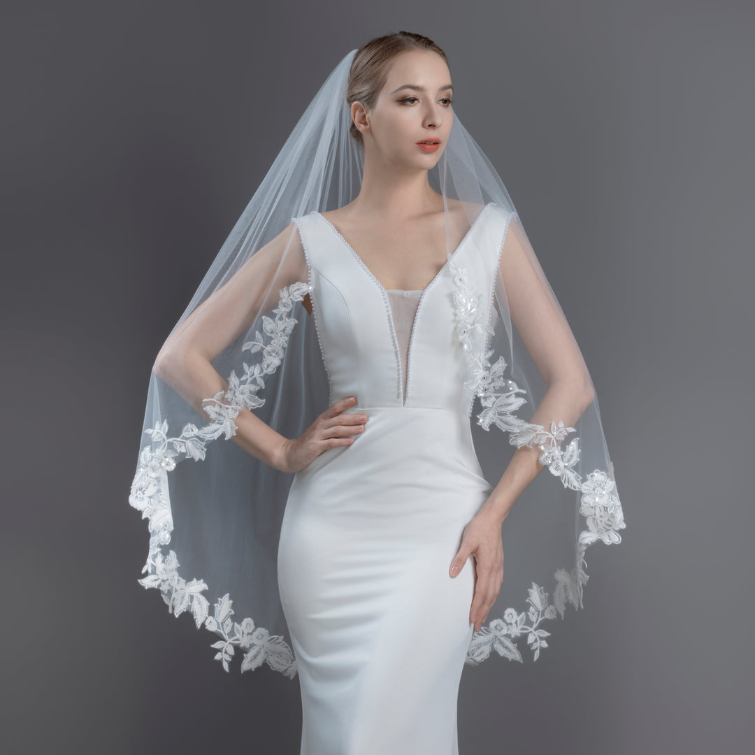 Floral Vine Embroidered Bridal Veil with Rhinestones and Sequins, Soft Tulle, Fingertip, Knee Length FS6289-1