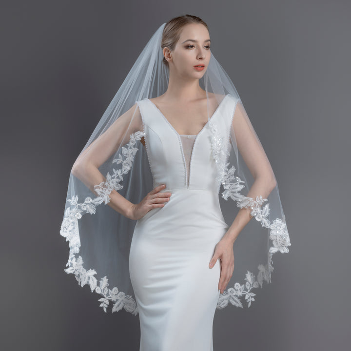 Floral Vine Embroidered Bridal Veil with Rhinestones and Sequins, Soft Tulle, Fingertip, Knee Length FS6289-1