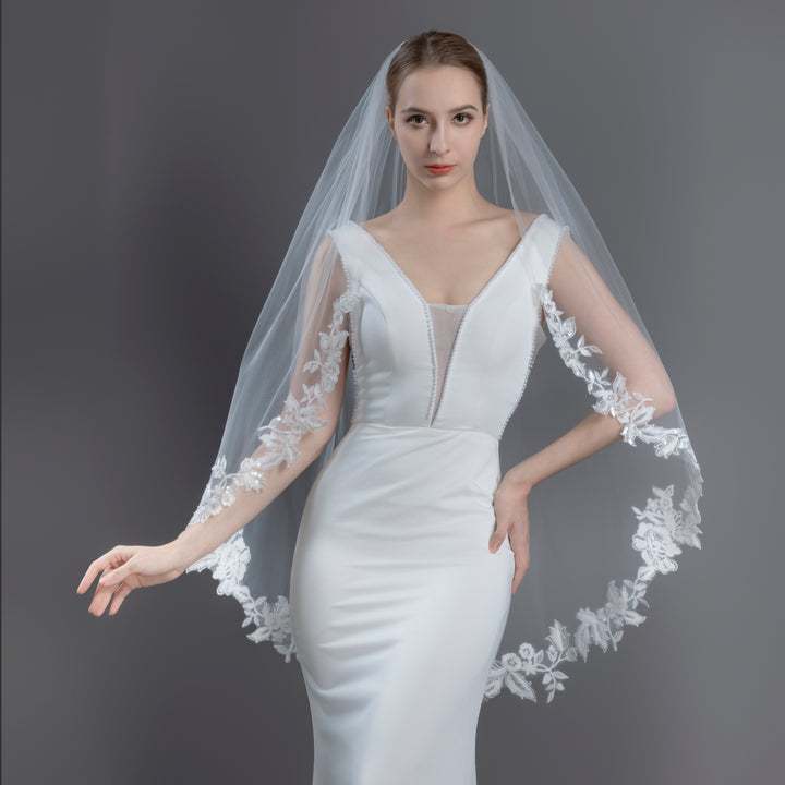 Floral Vine Embroidered Bridal Veil with Rhinestones and Sequins, Soft Tulle, Fingertip, Knee Length FS6289-1