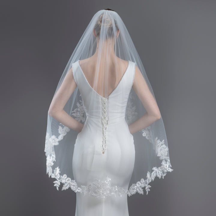 Floral Vine Embroidered Bridal Veil with Rhinestones and Sequins, Soft Tulle, Fingertip, Knee Length FS6289-1
