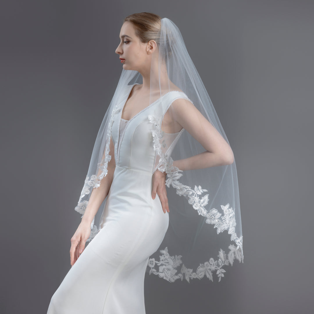 Floral Vine Embroidered Bridal Veil with Rhinestones and Sequins, Soft Tulle, Fingertip, Knee Length FS6289-1