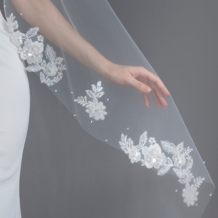 Mantilla Bridal Veil with Rhinestones, Faux Pearls & Seed Beads, Fine Illusion Tulle, Waltz Length FS6219-M