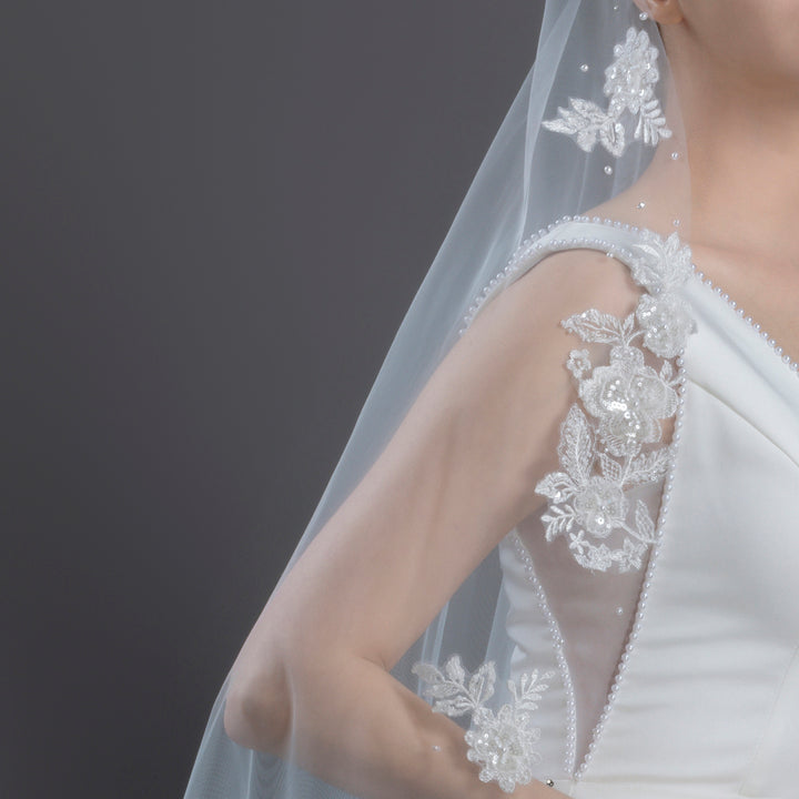 Mantilla Bridal Veil with Rhinestones, Faux Pearls & Seed Beads, Fine Illusion Tulle, Waltz Length FS6219-M