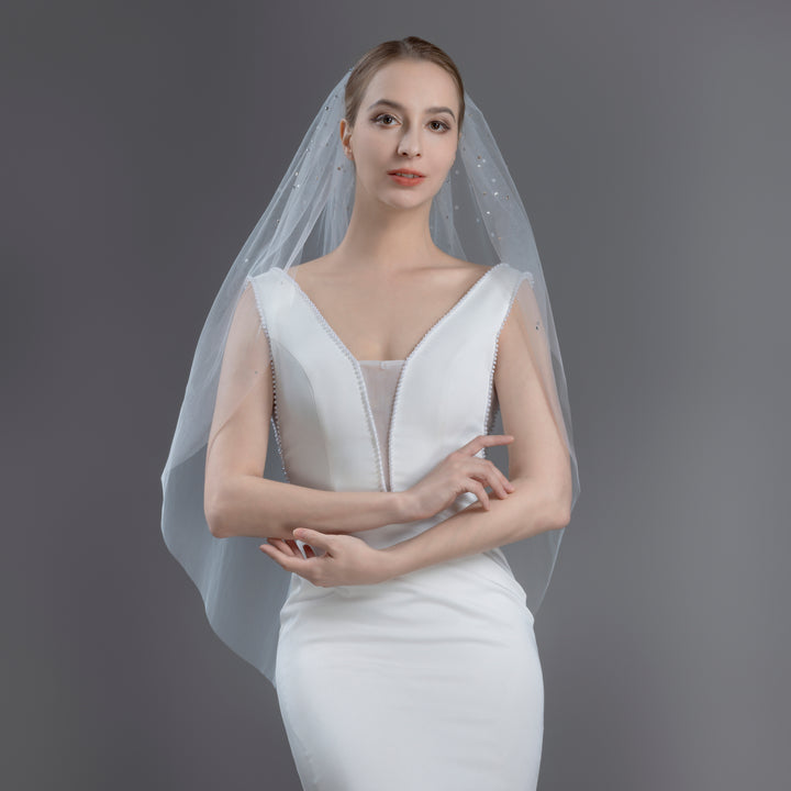 Scattered Rhinestones Bridal Veil, Fine Illusion Tulle, Fingertip, Knee Length FS6256