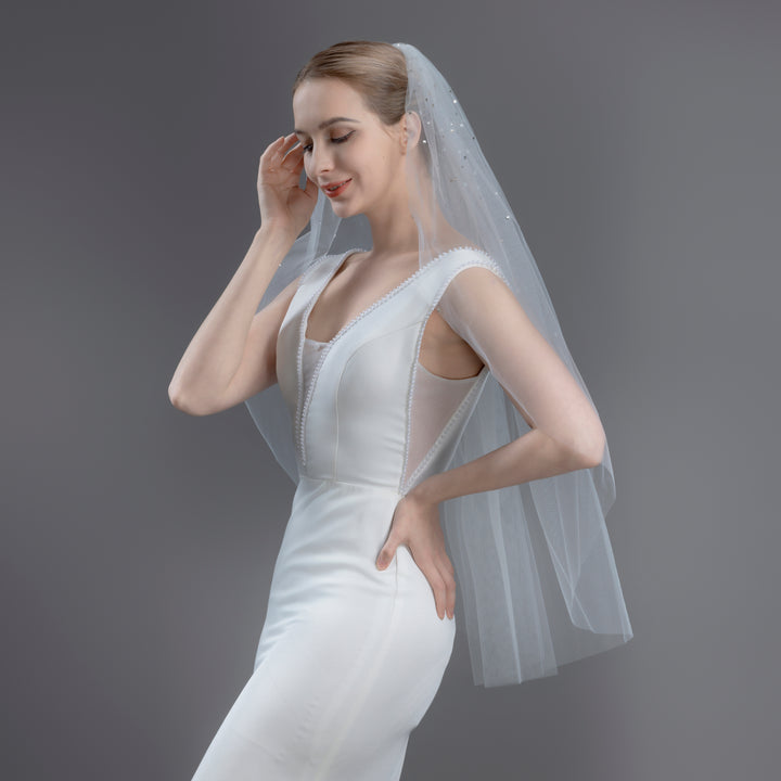 Scattered Rhinestones Bridal Veil, Fine Illusion Tulle, Fingertip, Knee Length FS6256