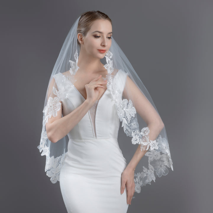 Embroidered Floral Vine Bridal Veil with Rhinestones, Fine Illusion Tulle, Fingertip, Knee Length FS6231