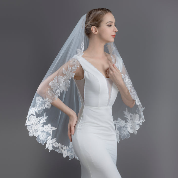 Embroidered Floral Vine Bridal Veil with Rhinestones, Fine Illusion Tulle, Fingertip, Knee Length FS6231