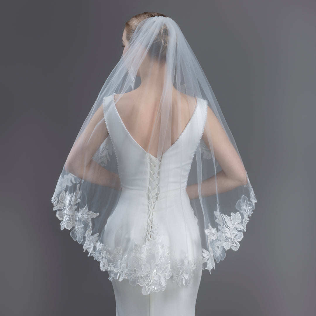 Embroidered Floral Vine Bridal Veil with Rhinestones, Fine Illusion Tulle, Fingertip, Knee Length FS6231