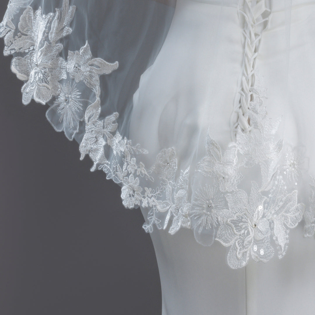 Embroidered Floral Vine Bridal Veil with Rhinestones, Fine Illusion Tulle, Fingertip, Knee Length FS6231