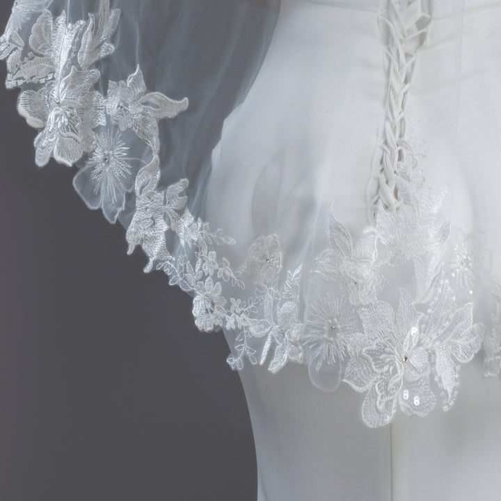 Embroidered Floral Vine Bridal Veil with Rhinestones, Fine Illusion Tulle, Fingertip, Knee Length FS6231