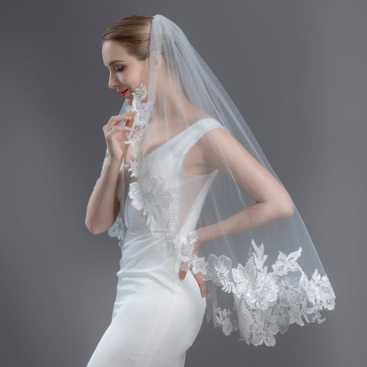 Embroidered Floral Vine Bridal Veil with Rhinestones, Fine Illusion Tulle, Fingertip, Knee Length FS6231