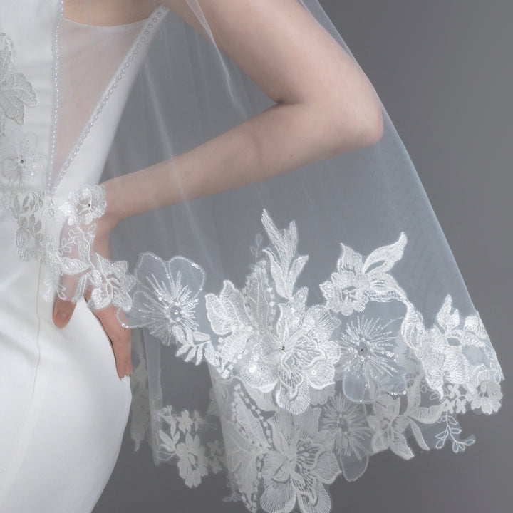 Embroidered Floral Vine Bridal Veil with Rhinestones, Fine Illusion Tulle, Fingertip, Knee Length FS6231
