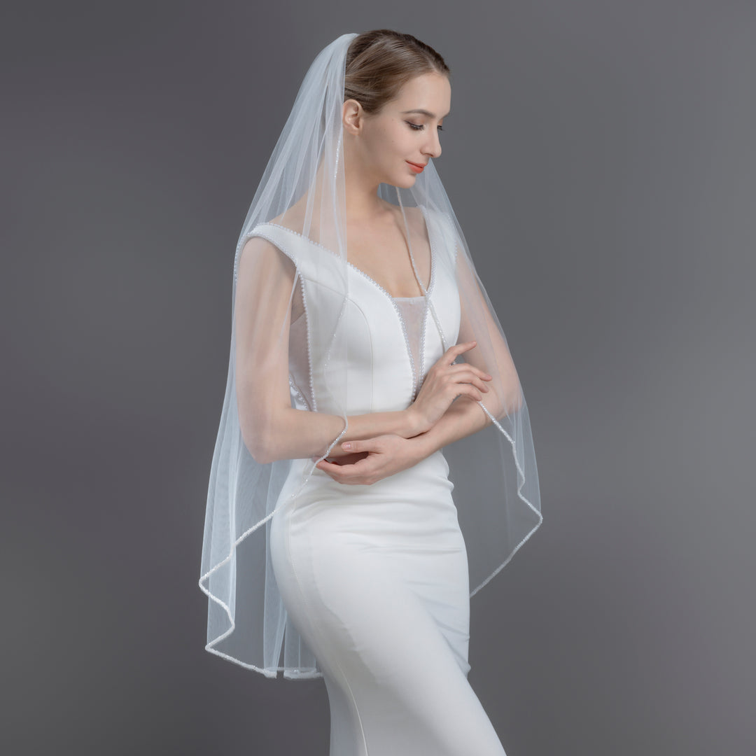 Beaded Edge Bridal Veil, Frosted Beads, Fine Illusion Tulle, Fingertip, Knee Length FS6280
