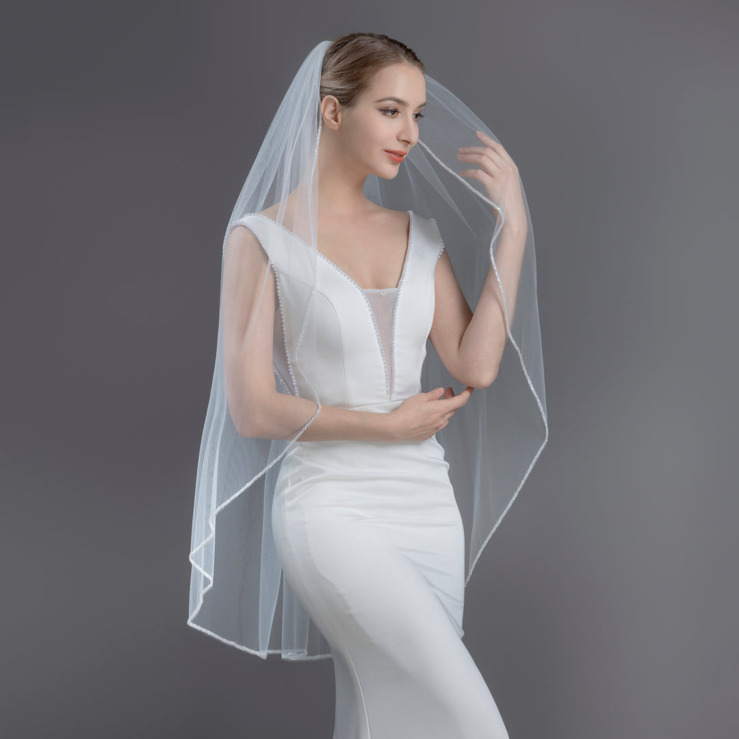 Beaded Edge Bridal Veil, Frosted Beads, Fine Illusion Tulle, Fingertip, Knee Length FS6280