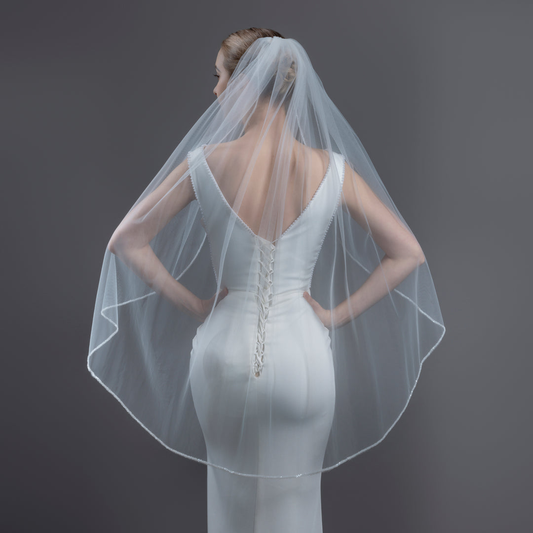 Beaded Edge Bridal Veil, Frosted Beads, Fine Illusion Tulle, Fingertip, Knee Length FS6280