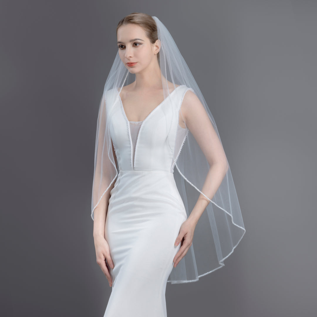 Beaded Edge Bridal Veil, Frosted Beads, Fine Illusion Tulle, Fingertip, Knee Length FS6280