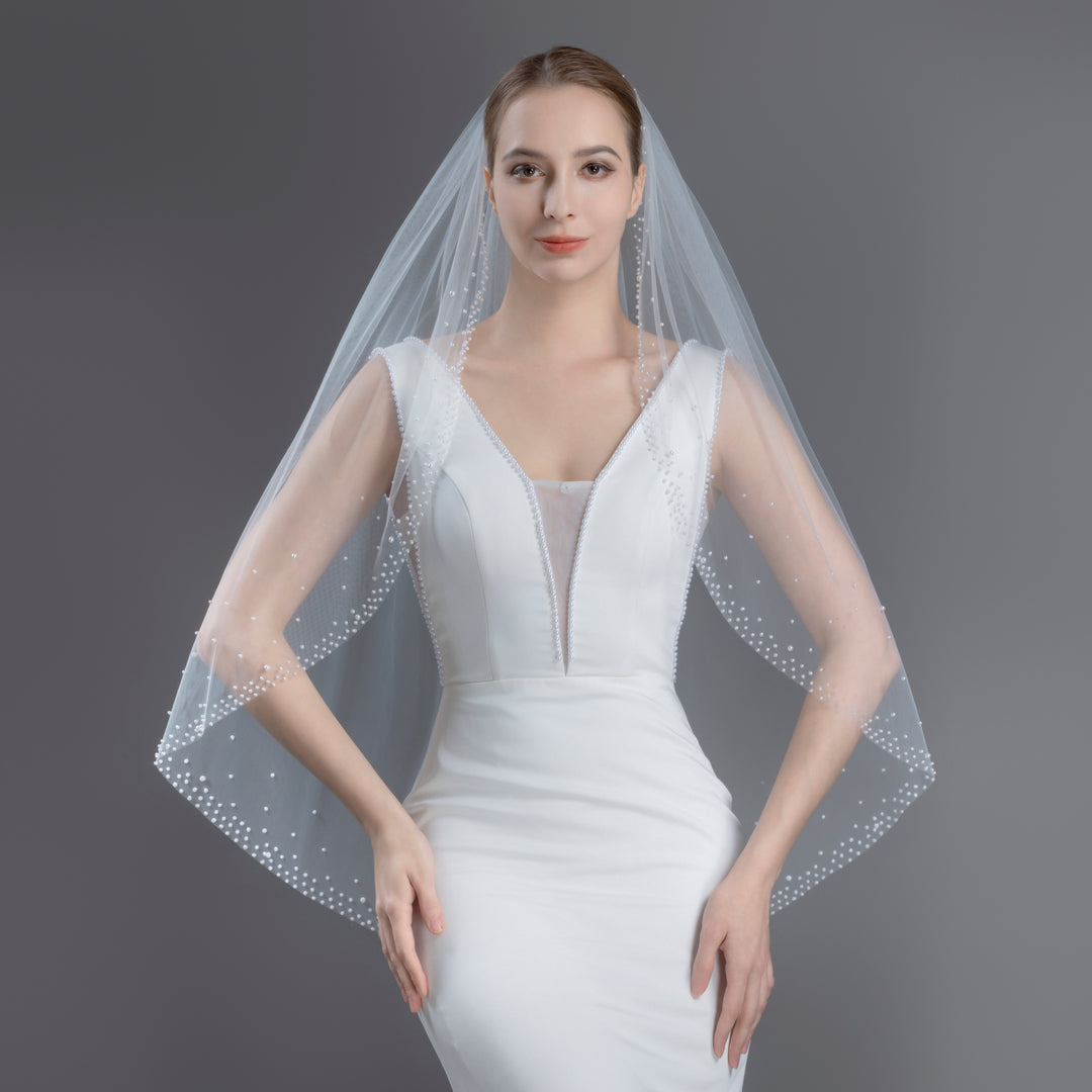 Bridal Veil with Pearls with Wide Edge, Fine Illusion Tulle, Fingertip, Knee Length FS6253