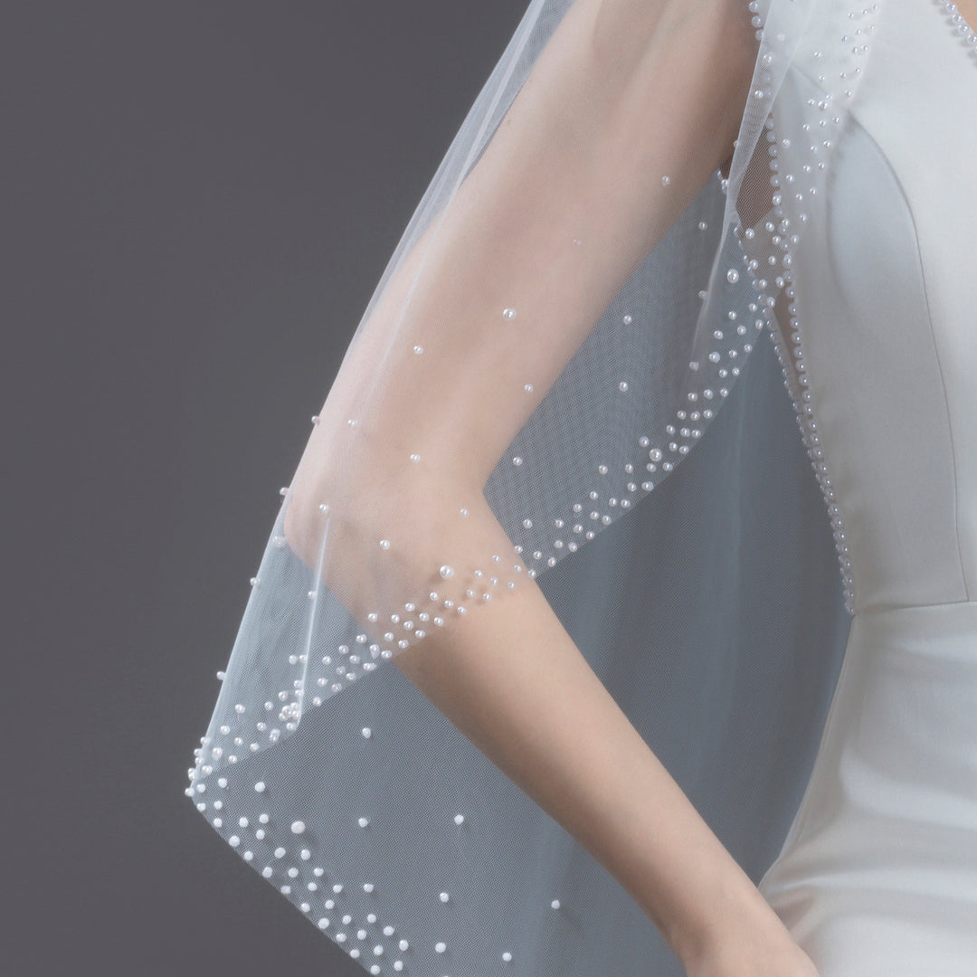 Bridal Veil with Pearls with Wide Edge, Fine Illusion Tulle, Fingertip, Knee Length FS6253
