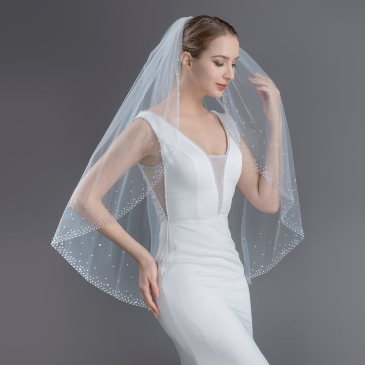 Bridal Veil with Pearls with Wide Edge, Fine Illusion Tulle, Fingertip, Knee Length FS6253