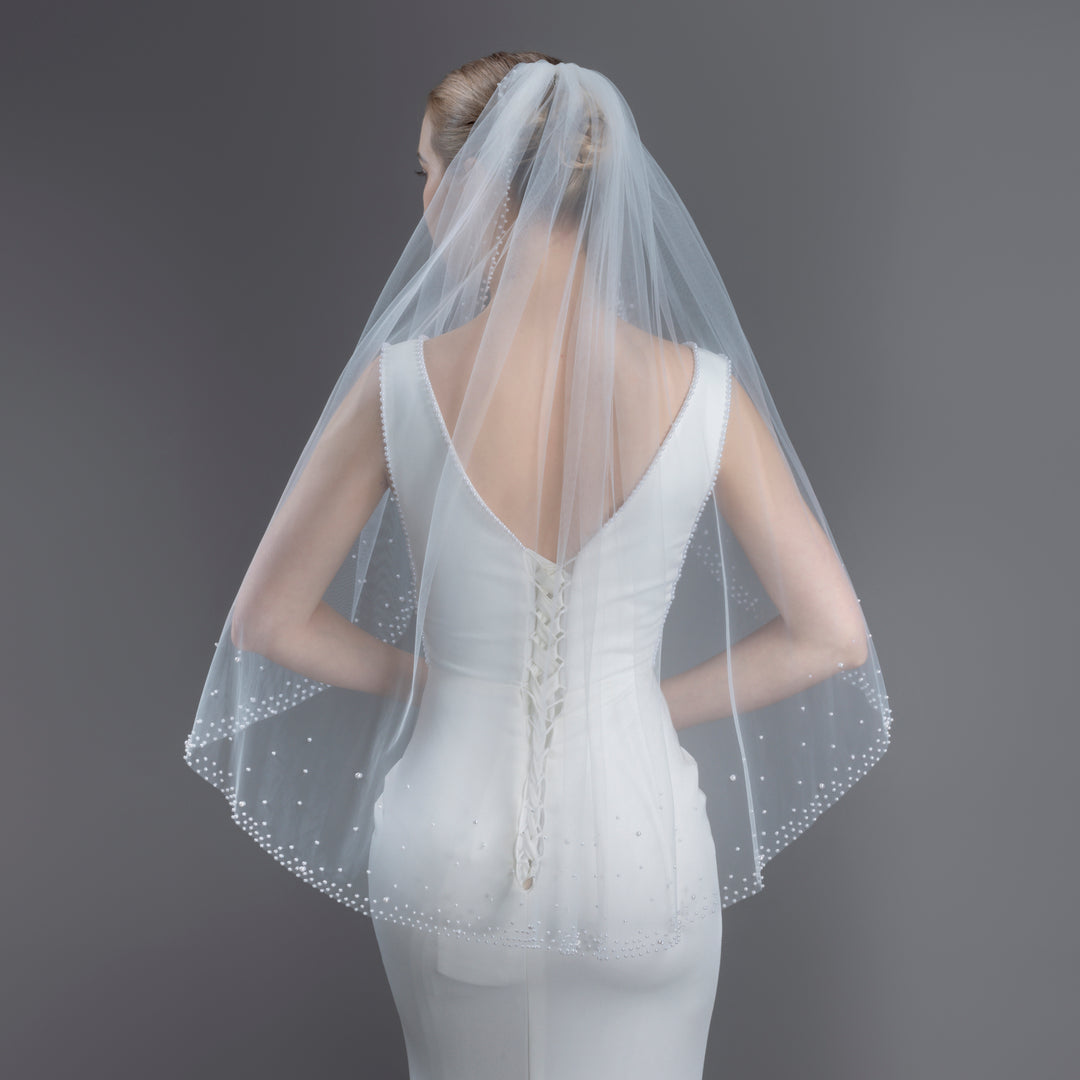 Bridal Veil with Pearls with Wide Edge, Fine Illusion Tulle, Fingertip, Knee Length FS6253