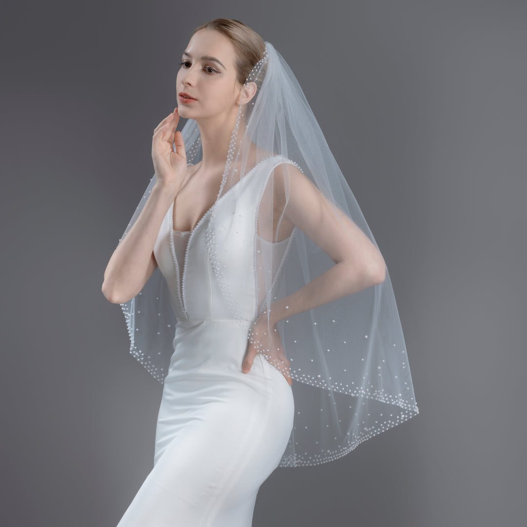Bridal Veil with Pearls with Wide Edge, Fine Illusion Tulle, Fingertip, Knee Length FS6253