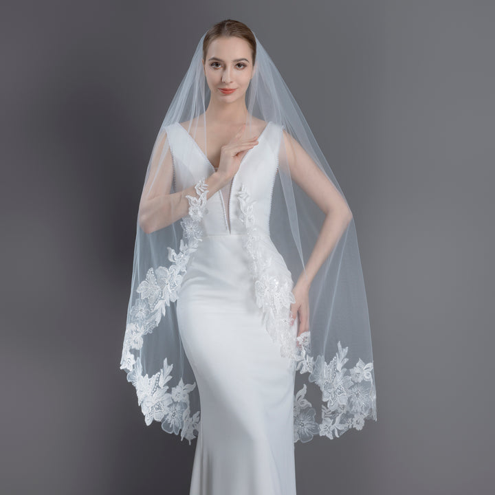 Embroidered Floral Vine Bridal Veil with Rhinestones, Fine Illusion Tulle, Fingertip, Knee Length FS6231