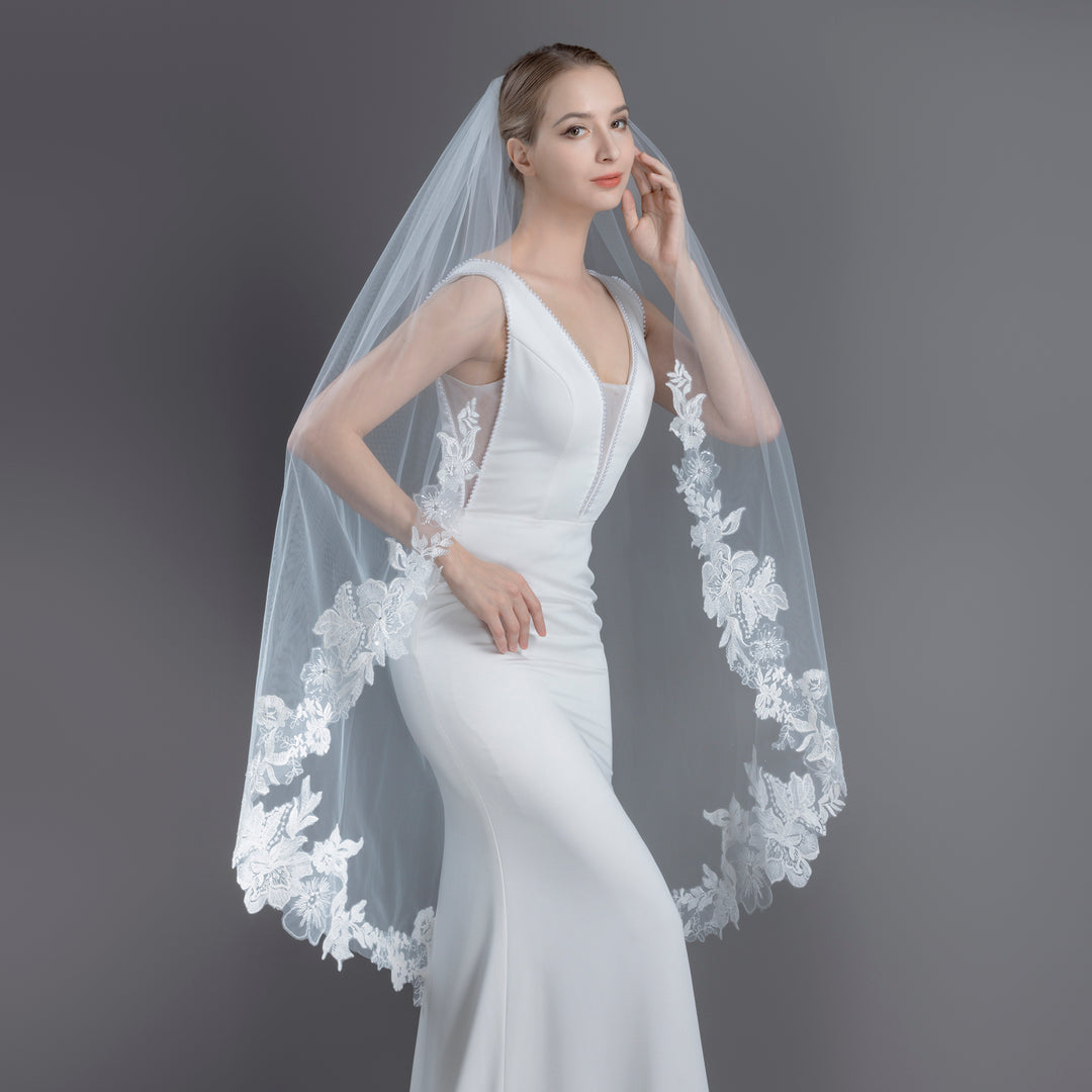 Embroidered Floral Vine Bridal Veil with Rhinestones, Fine Illusion Tulle, Fingertip, Knee Length FS6231
