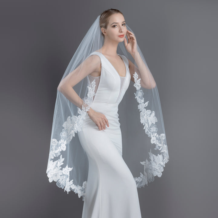 Embroidered Floral Vine Bridal Veil with Rhinestones, Fine Illusion Tulle, Fingertip, Knee Length FS6231