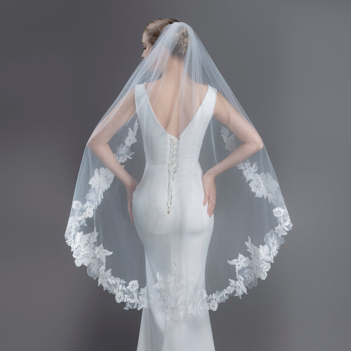 Embroidered Floral Vine Bridal Veil with Rhinestones, Fine Illusion Tulle, Fingertip, Knee Length FS6231