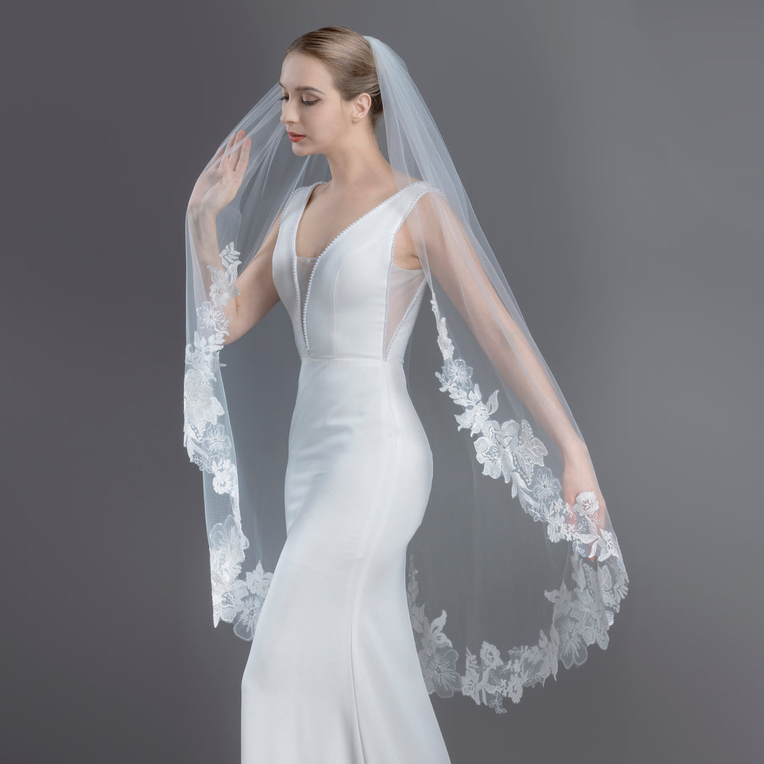 Embroidered Floral Vine Bridal Veil with Rhinestones, Fine Illusion Tulle, Fingertip, Knee Length FS6231