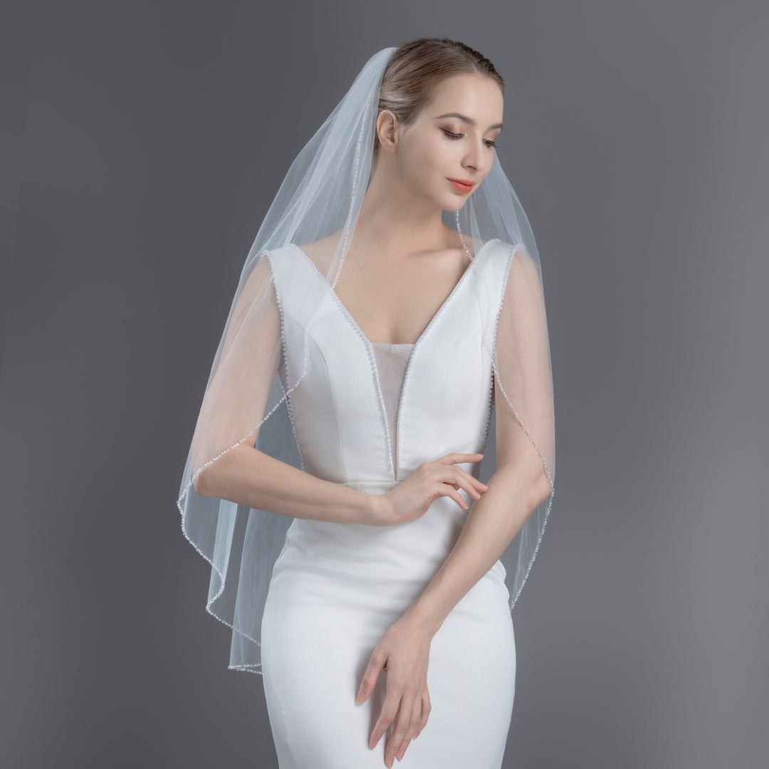 Pearl Beaded Bridal Veil with Faux Pearls, Seed Beads, and Bicone Crystals, Flexible Tulle, Fingertip Length FS6269-4