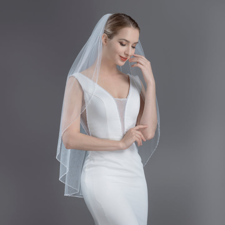 Pearl Beaded Bridal Veil with Faux Pearls, Seed Beads, and Bicone Crystals, Flexible Tulle, Fingertip Length FS6269-4