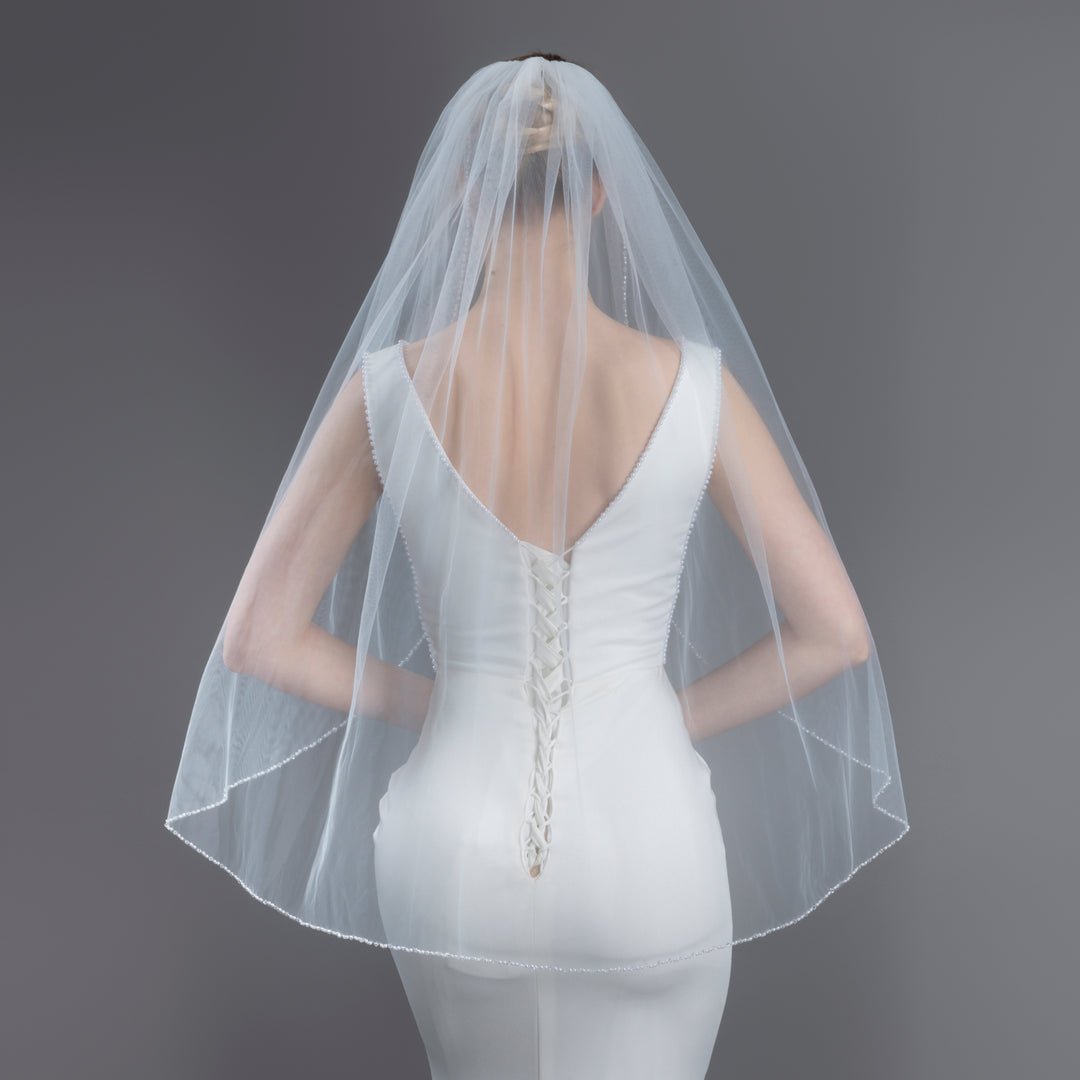 Pearl Beaded Bridal Veil with Faux Pearls, Seed Beads, and Bicone Crystals, Flexible Tulle, Fingertip Length FS6269-4