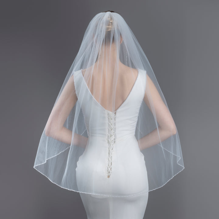 Pearl Beaded Bridal Veil with Faux Pearls, Seed Beads, and Bicone Crystals, Flexible Tulle, Fingertip Length FS6269-4
