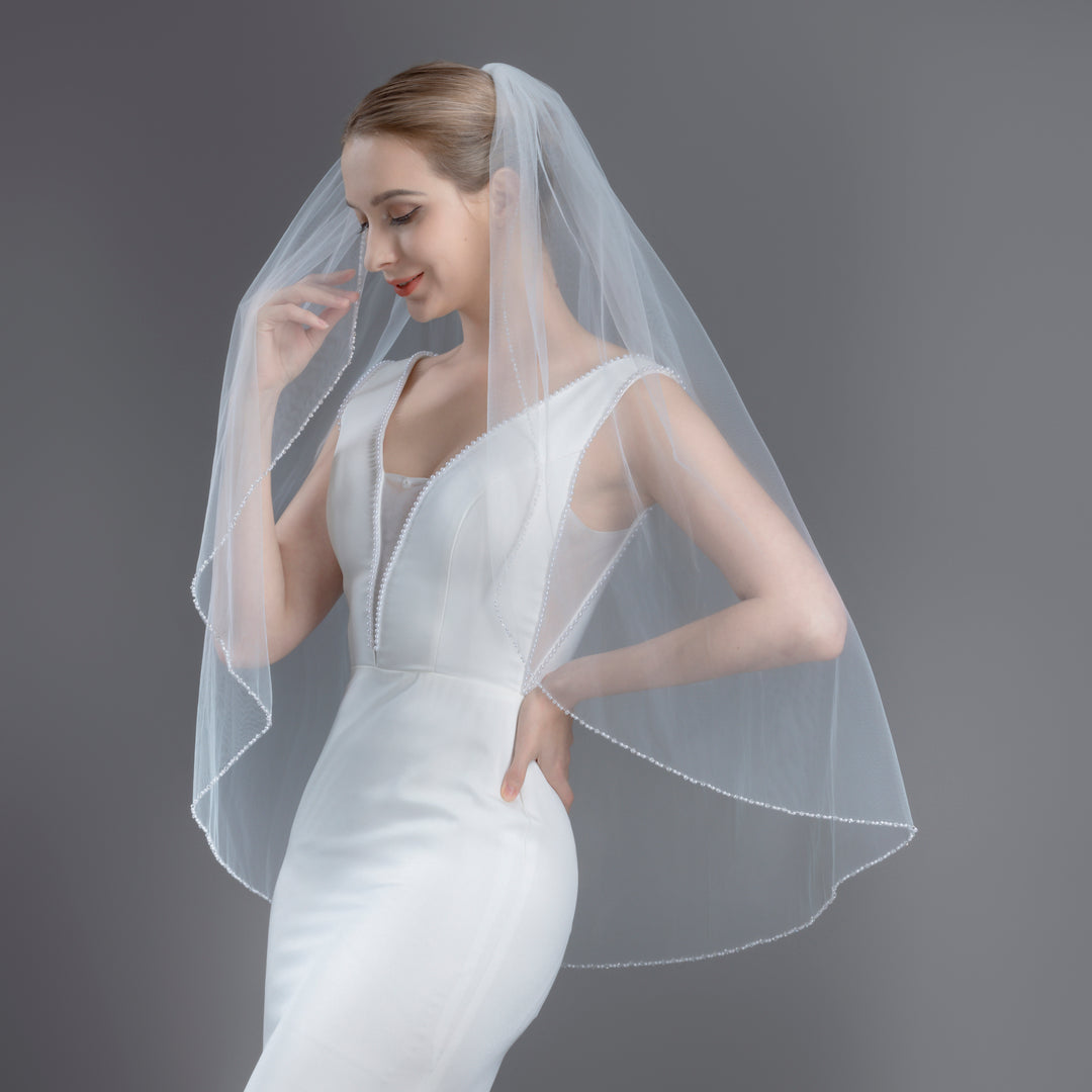 Pearl Beaded Bridal Veil with Faux Pearls, Seed Beads, and Bicone Crystals, Flexible Tulle, Fingertip Length FS6269-4