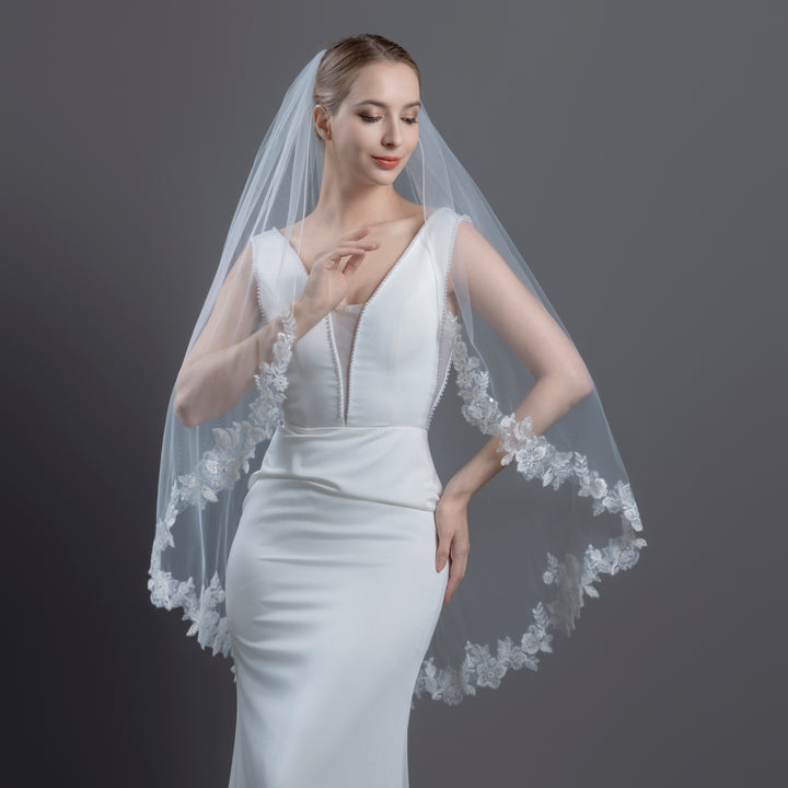 Floral Vine Bridal Veil with Rhinestones & Sequins, Soft Tulle, Fingertip, Knee Length FS6276