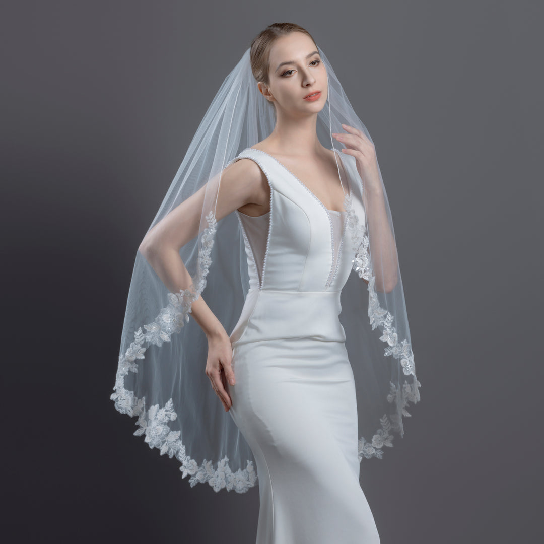 Floral Vine Bridal Veil with Rhinestones & Sequins, Soft Tulle, Fingertip, Knee Length FS6276