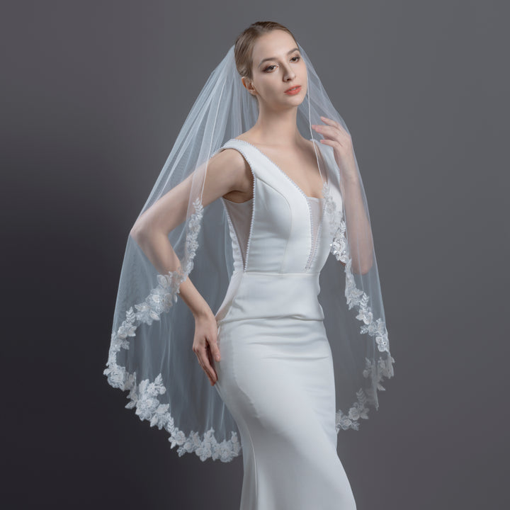 Floral Vine Bridal Veil with Rhinestones & Sequins, Soft Tulle, Fingertip, Knee Length FS6276
