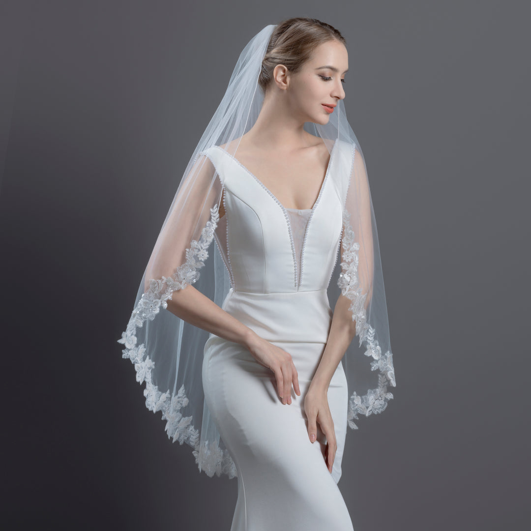 Floral Vine Bridal Veil with Rhinestones & Sequins, Soft Tulle, Fingertip, Knee Length FS6276