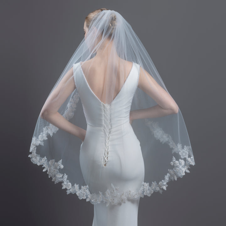 Floral Vine Bridal Veil with Rhinestones & Sequins, Soft Tulle, Fingertip, Knee Length FS6276