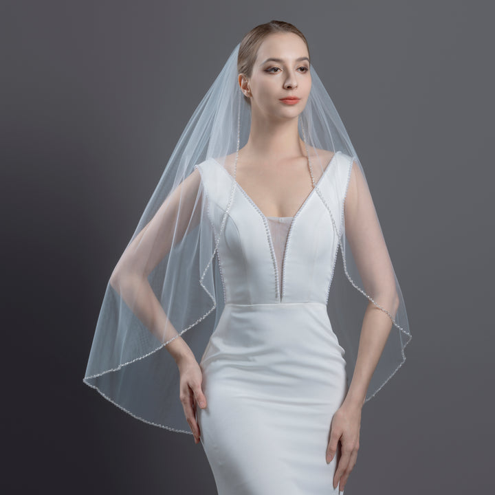 Beaded Edge Bridal Veil with Bicone Crystal, Fine Illusion Tulle, Fingertip Length FS6257