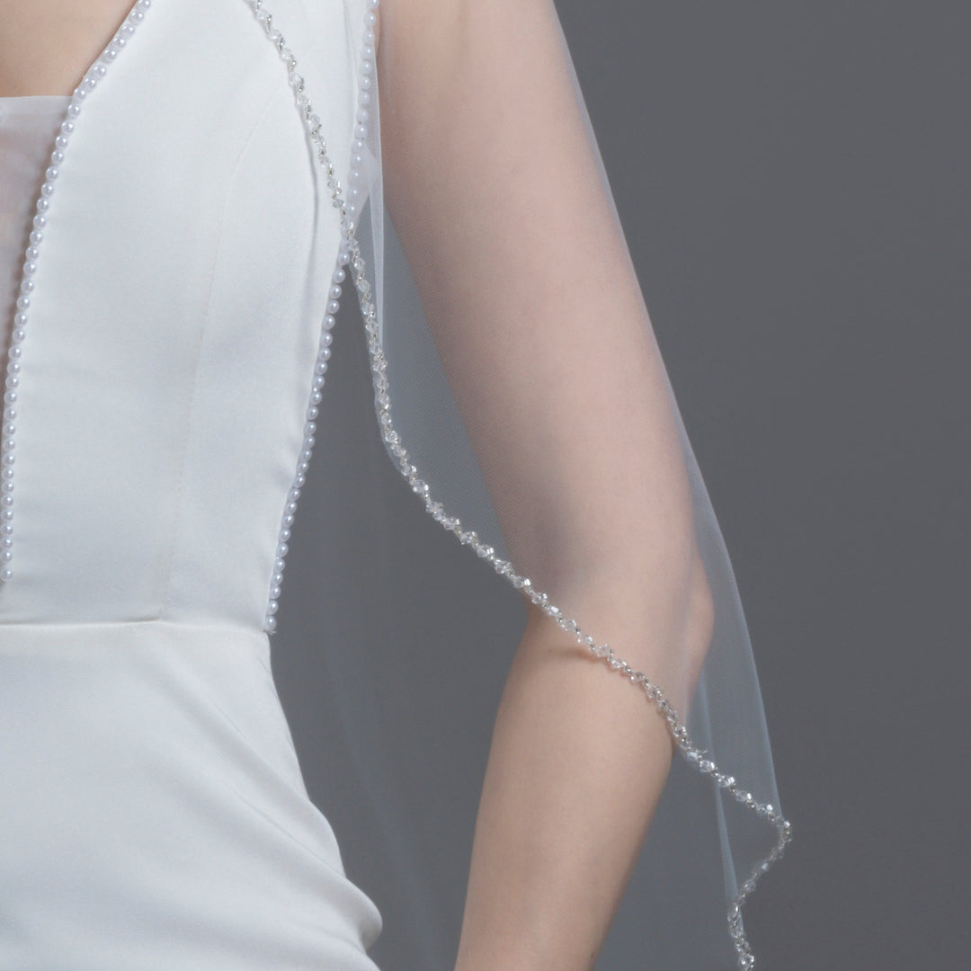 Beaded Edge Bridal Veil with Bicone Crystal, Fine Illusion Tulle, Fingertip Length FS6257