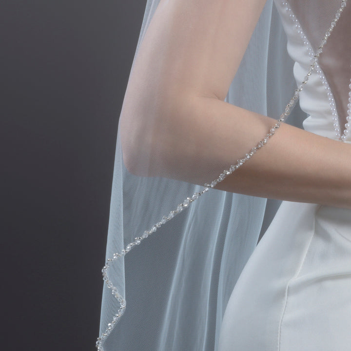 Beaded Edge Bridal Veil with Bicone Crystal, Fine Illusion Tulle, Fingertip Length FS6257
