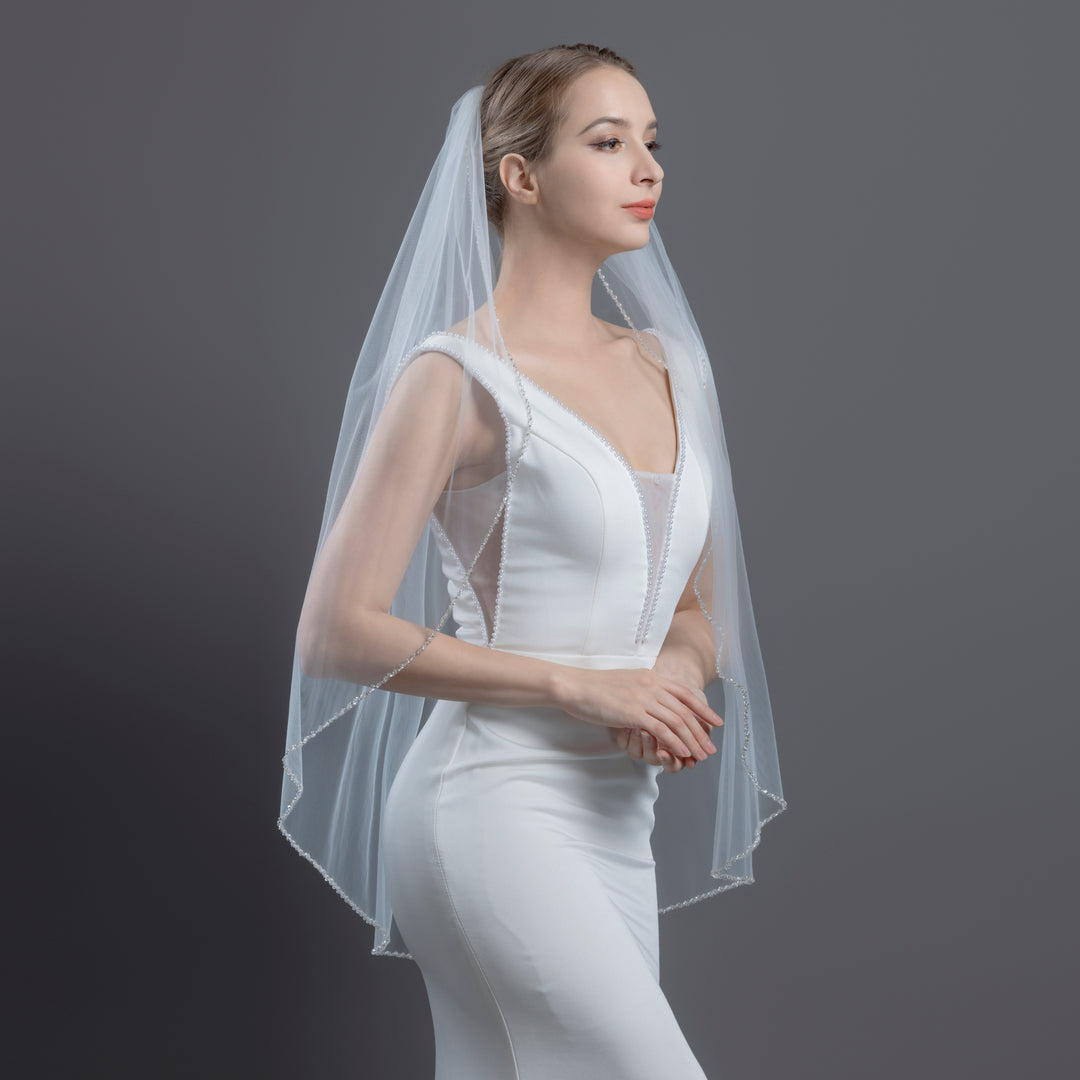 Beaded Edge Bridal Veil with Bicone Crystal, Fine Illusion Tulle, Fingertip Length FS6257