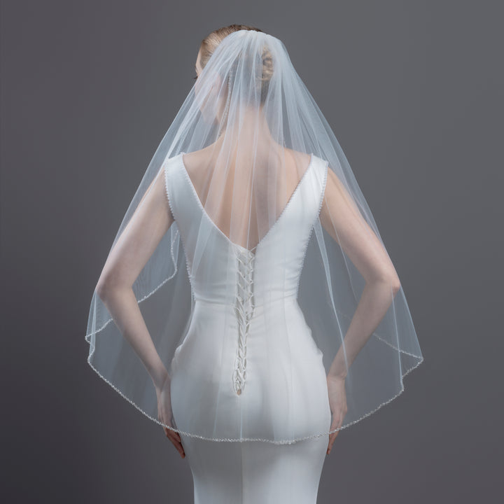 Beaded Edge Bridal Veil with Bicone Crystal, Fine Illusion Tulle, Fingertip Length FS6257