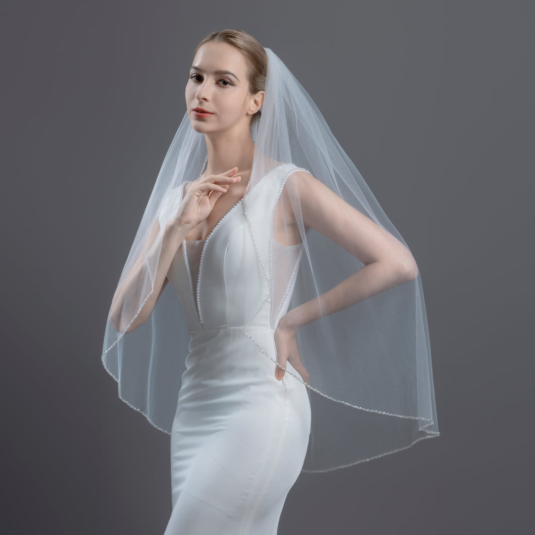 Beaded Edge Bridal Veil with Bicone Crystal, Fine Illusion Tulle, Fingertip Length FS6257