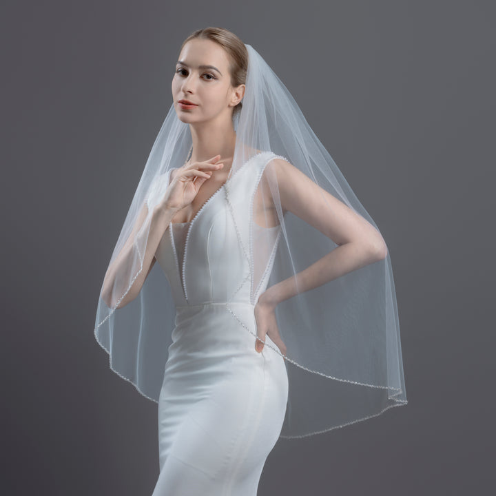 Beaded Edge Bridal Veil with Bicone Crystal, Fine Illusion Tulle, Fingertip Length FS6257
